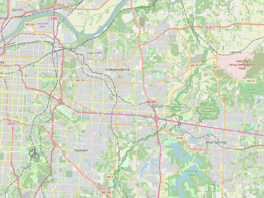 Street map of Independence and nearby eastern Kansas City, with the Missouri River to the north.